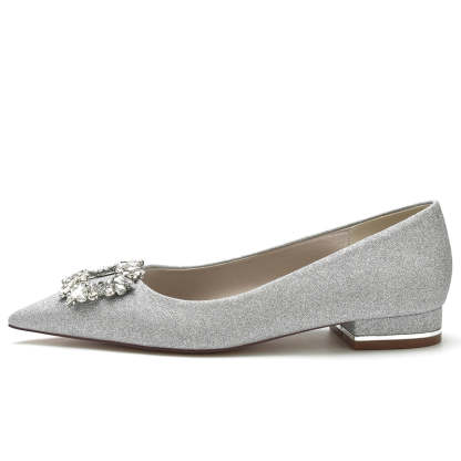 Elegant Closed-Toe Flat Heel Bridal Shoes for Women with Square Rhinestone