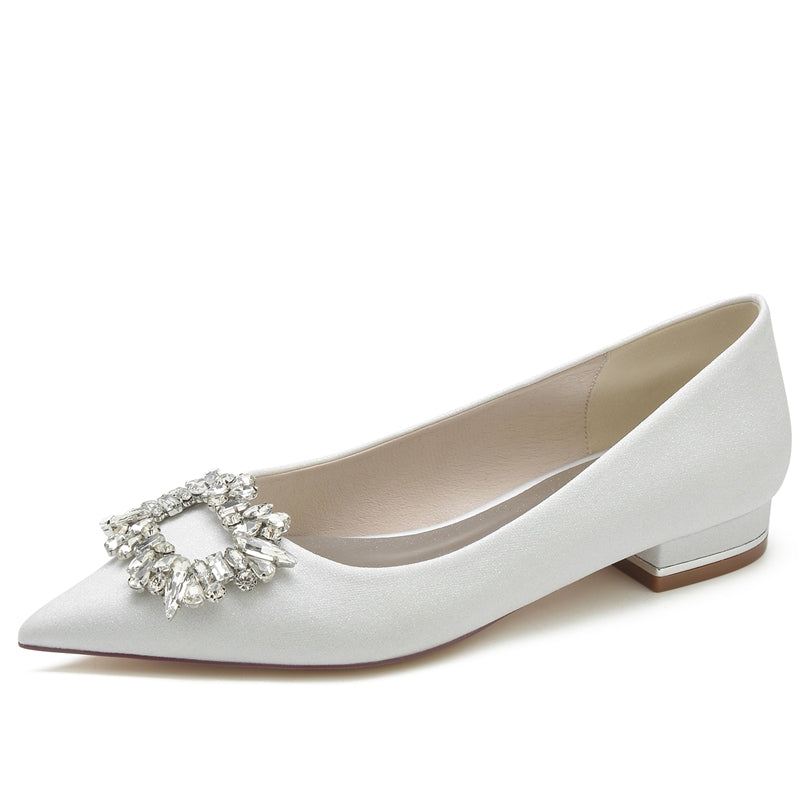 Elegant Closed-Toe Flat Heel Bridal Shoes for Women with Square Rhinestone