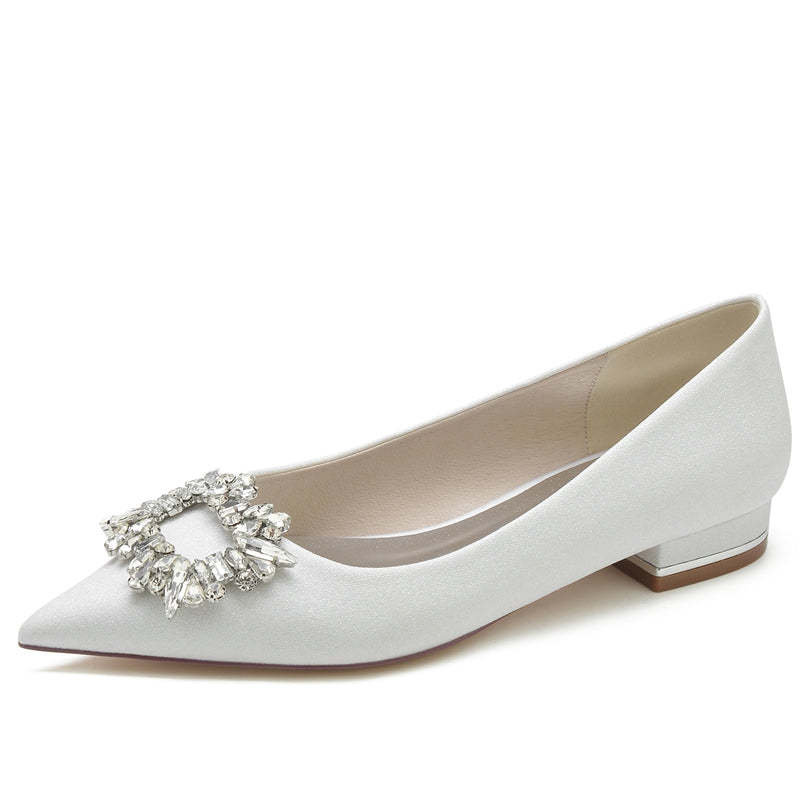 Elegant Closed-Toe Flat Heel Bridal Shoes for Women with Square Rhinestone