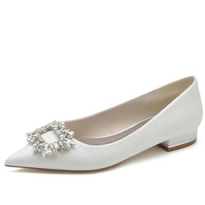 Elegant Closed-Toe Flat Heel Bridal Shoes for Women with Square Rhinestone