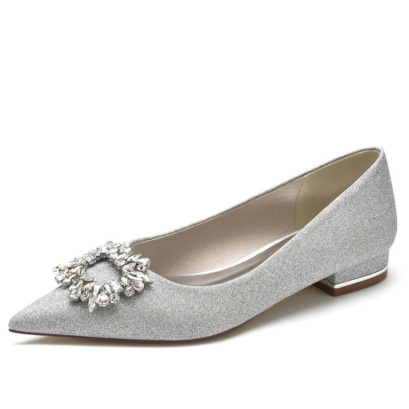 Elegant Closed-Toe Flat Heel Bridal Shoes for Women with Square Rhinestone