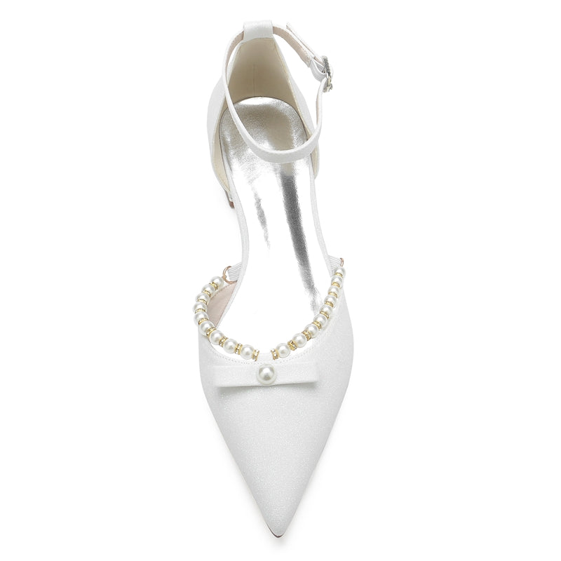 White Pointed-Toe Low-Heel Bridal Shoes for Women with Pearl and Bow Buckle