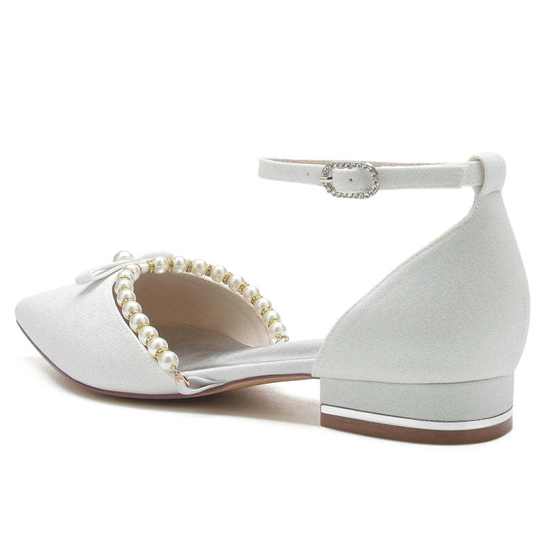 White Pointed-Toe Low-Heel Bridal Shoes for Women with Pearl and Bow Buckle