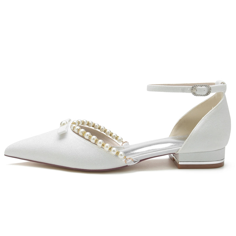 White Pointed-Toe Low-Heel Bridal Shoes for Women with Pearl and Bow Buckle