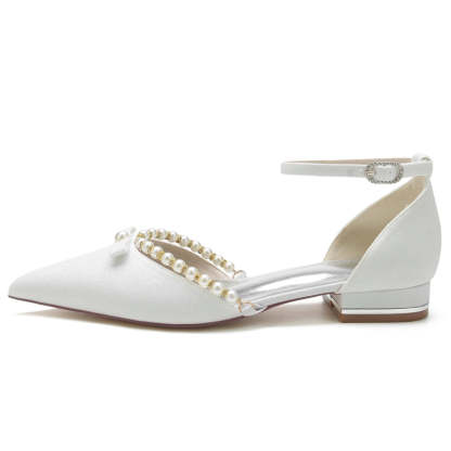 White Pointed-Toe Low-Heel Bridal Shoes for Women with Pearl and Bow Buckle