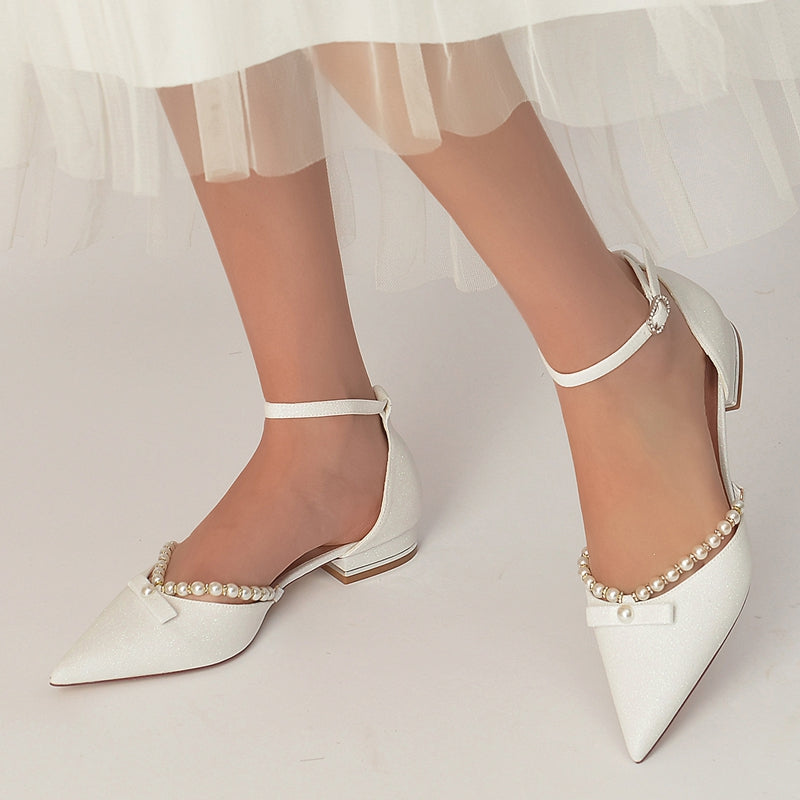 White Pointed-Toe Low-Heel Bridal Shoes for Women with Pearl and Bow Buckle