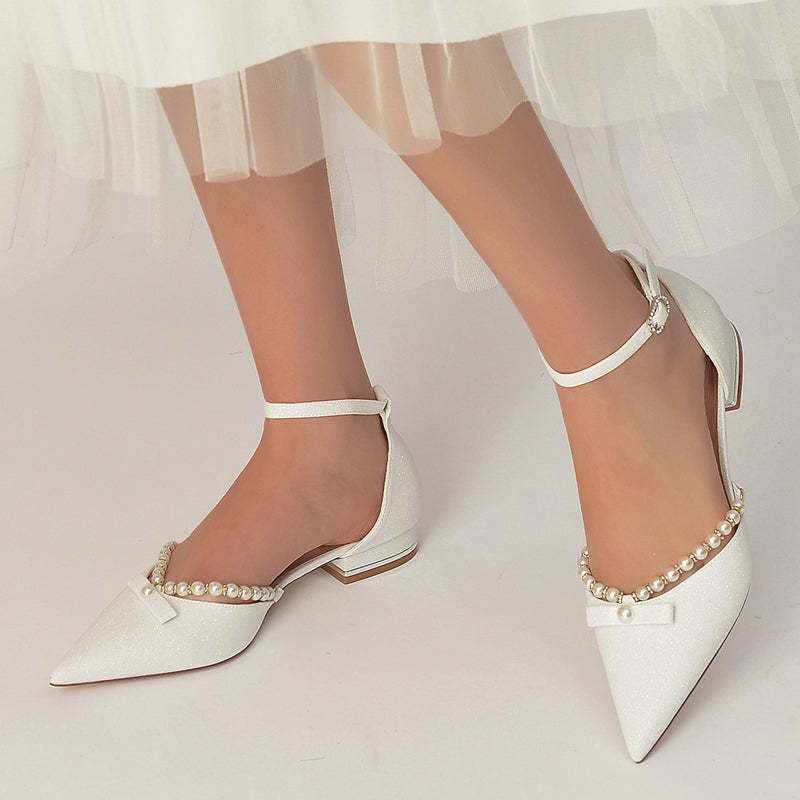 White Pointed-Toe Low-Heel Bridal Shoes for Women with Pearl and Bow Buckle