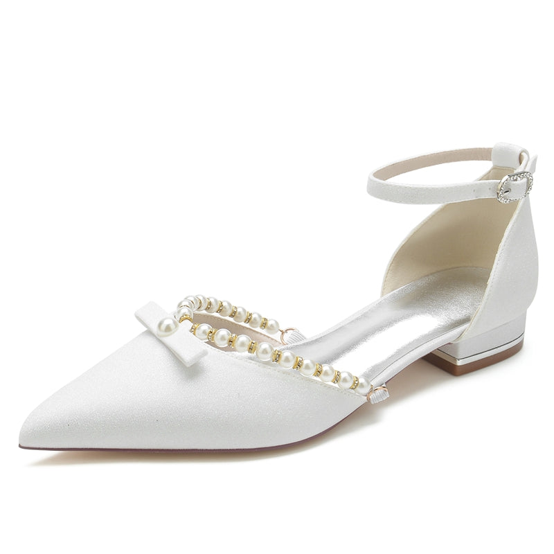 White Pointed-Toe Low-Heel Bridal Shoes for Women with Pearl and Bow Buckle