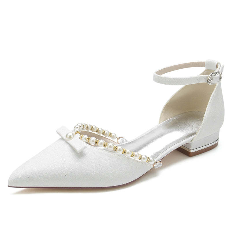 White Pointed-Toe Low-Heel Bridal Shoes for Women with Pearl and Bow Buckle