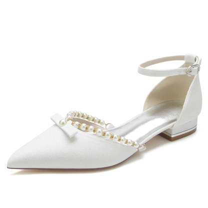 White Pointed-Toe Low-Heel Bridal Shoes for Women with Pearl and Bow Buckle