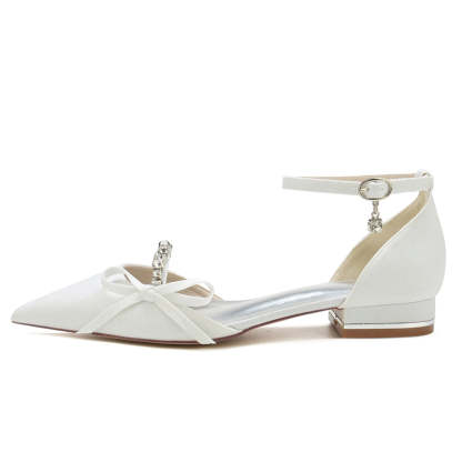 Exquisite White Bridal Shoes for Women with Rhinestone Buckle and Bow Closed Toe
