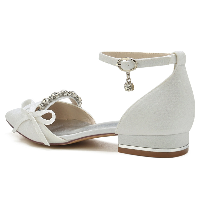 Exquisite White Bridal Shoes for Women with Rhinestone Buckle and Bow Closed Toe