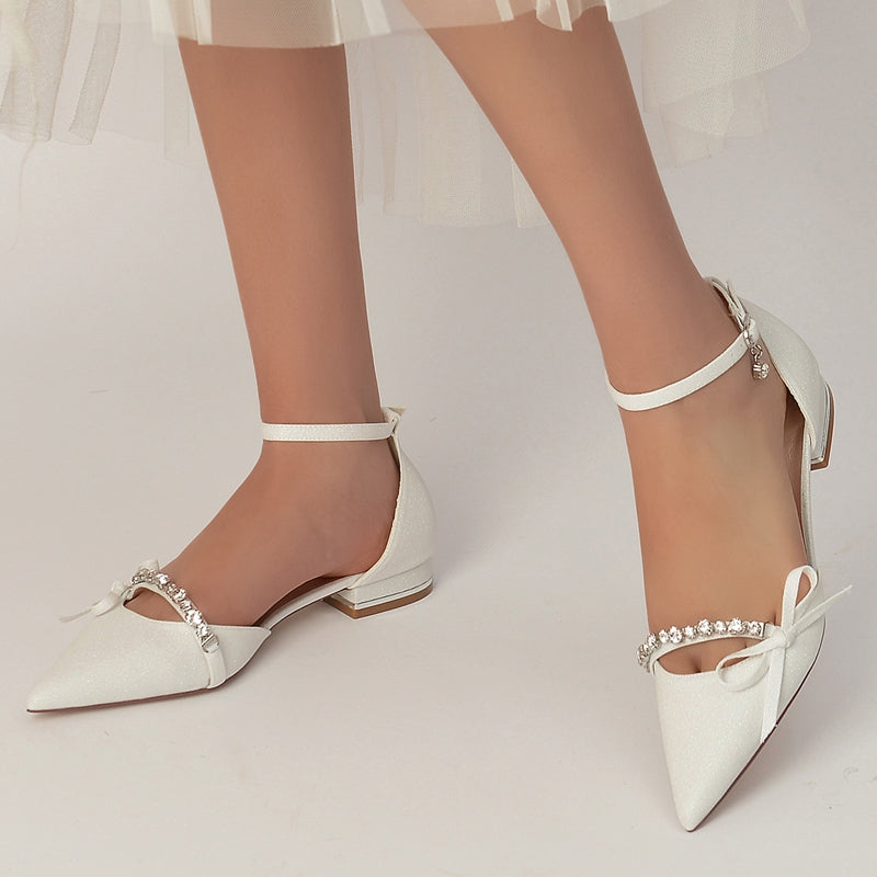 Exquisite White Bridal Shoes for Women with Rhinestone Buckle and Bow Closed Toe