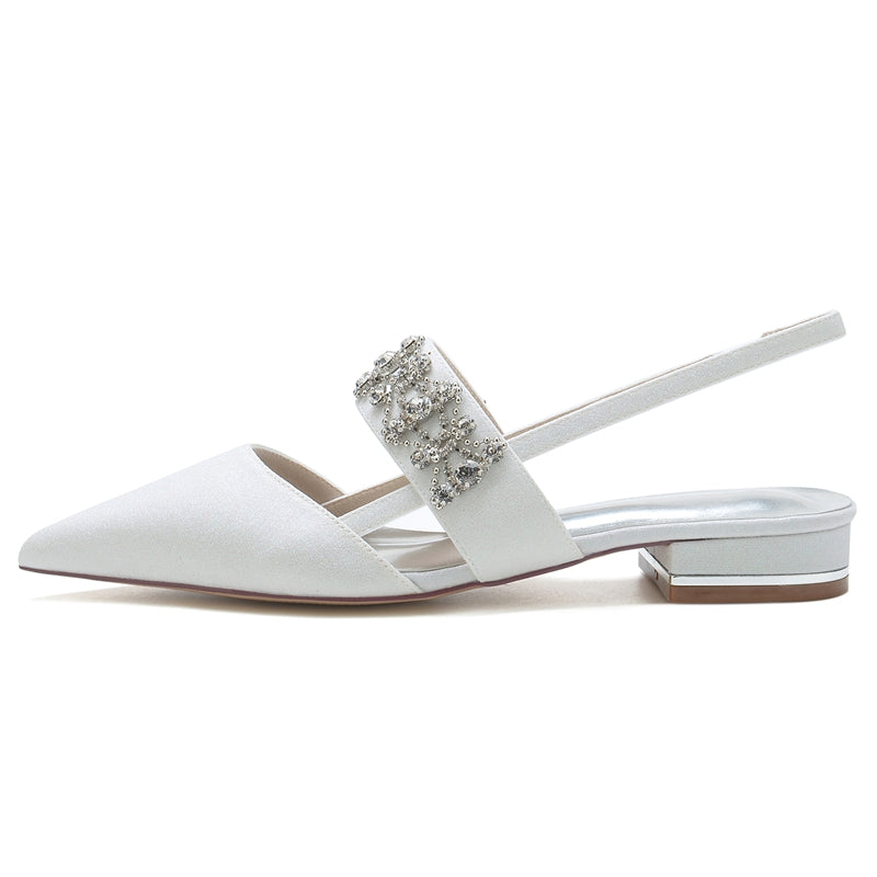 White Closed-Toe Bridal Slip-Ons for Women with Buckle Rhinestones & Beadings