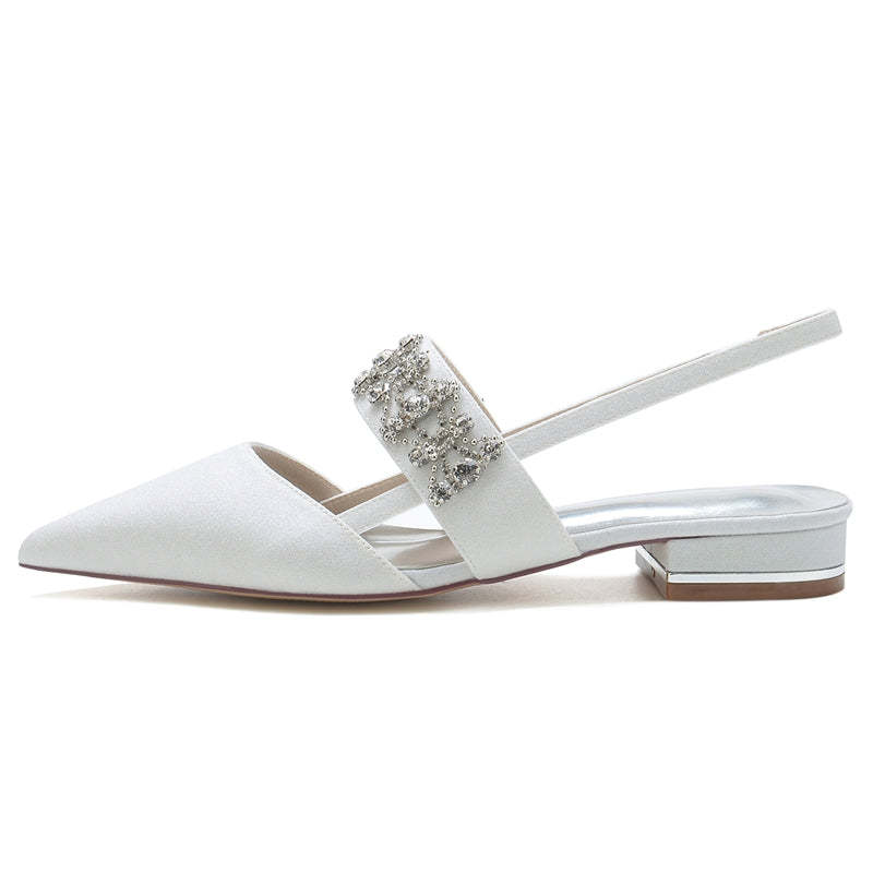 White Closed-Toe Bridal Slip-Ons for Women with Buckle Rhinestones & Beadings