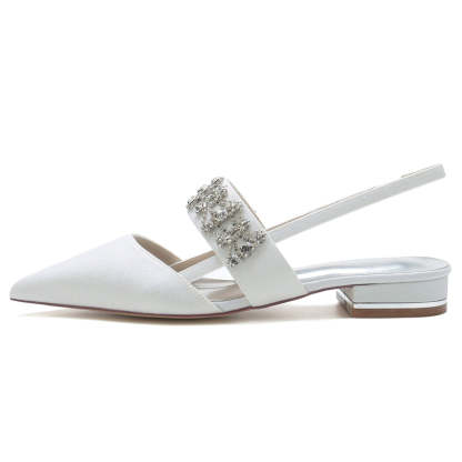 White Closed-Toe Bridal Slip-Ons for Women with Buckle Rhinestones & Beadings
