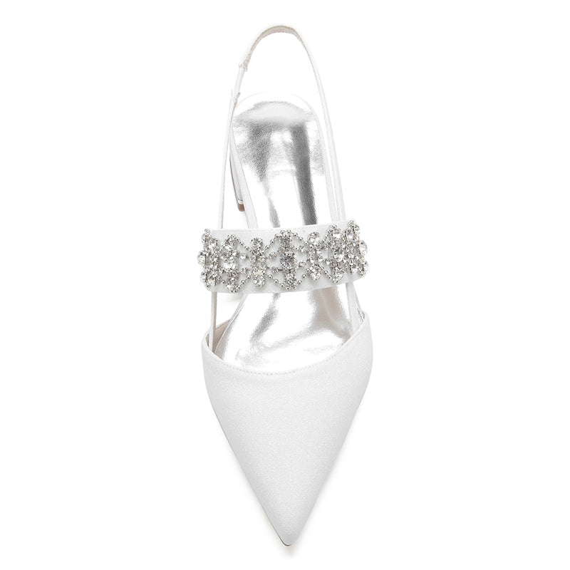 White Closed-Toe Bridal Slip-Ons for Women with Buckle Rhinestones & Beadings
