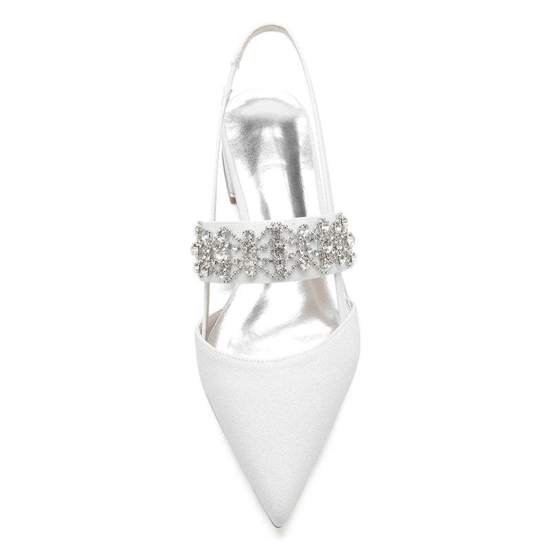 White Closed-Toe Bridal Slip-Ons for Women with Buckle Rhinestones & Beadings