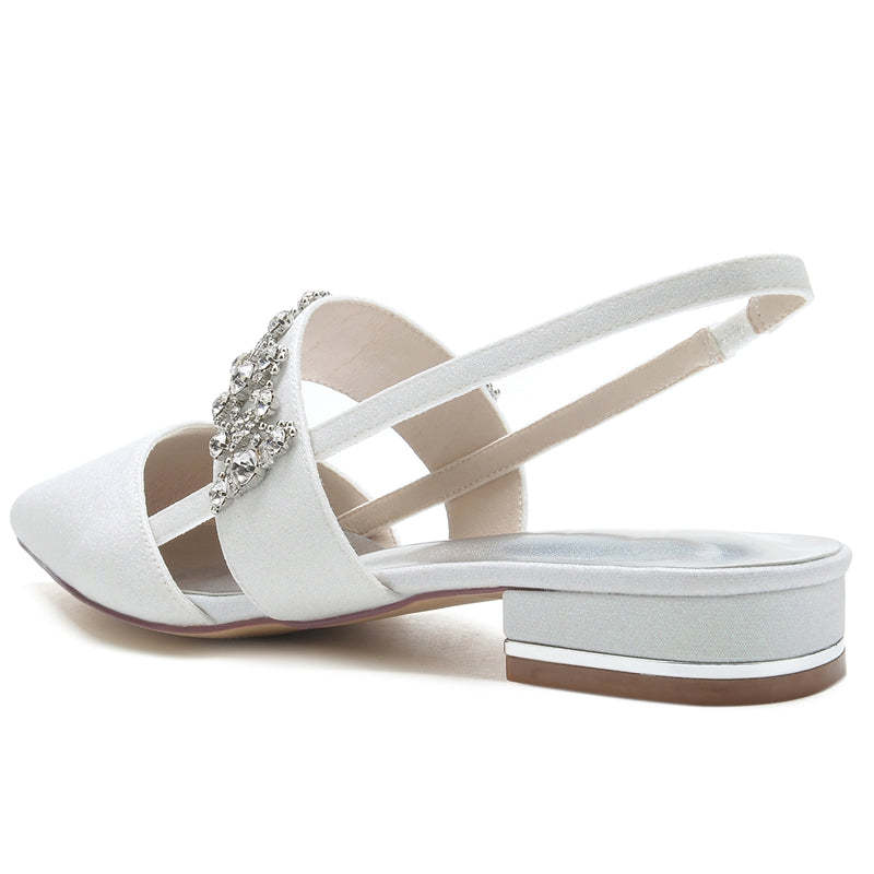 White Closed-Toe Bridal Slip-Ons for Women with Buckle Rhinestones & Beadings