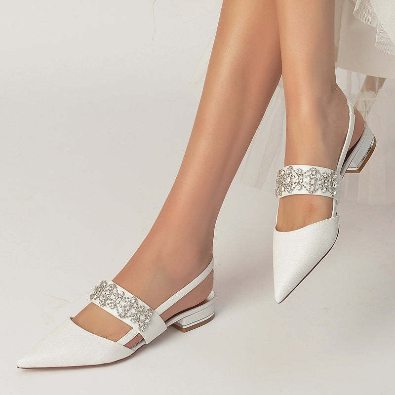 White Closed-Toe Bridal Slip-Ons for Women with Buckle Rhinestones & Beadings
