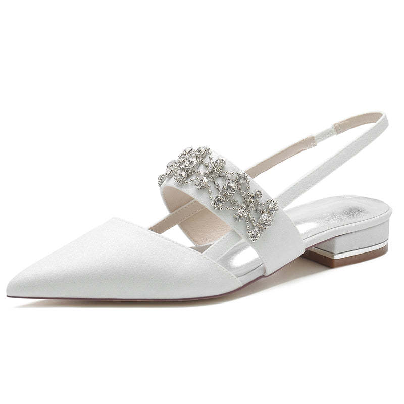 White Closed-Toe Bridal Slip-Ons for Women with Buckle Rhinestones & Beadings
