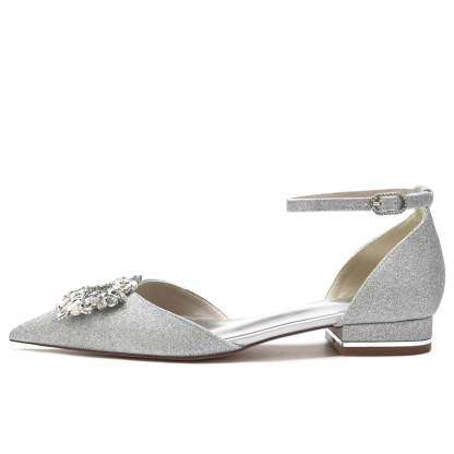 Bridal Shoes for Women with Sparkling Buckle and Square Rhinestone Closed Toe Low Heel
