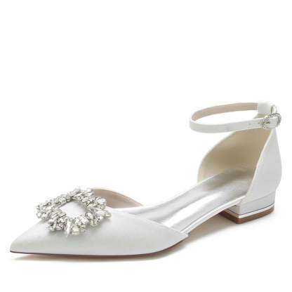 Bridal Shoes for Women with Sparkling Buckle and Square Rhinestone Closed Toe Low Heel