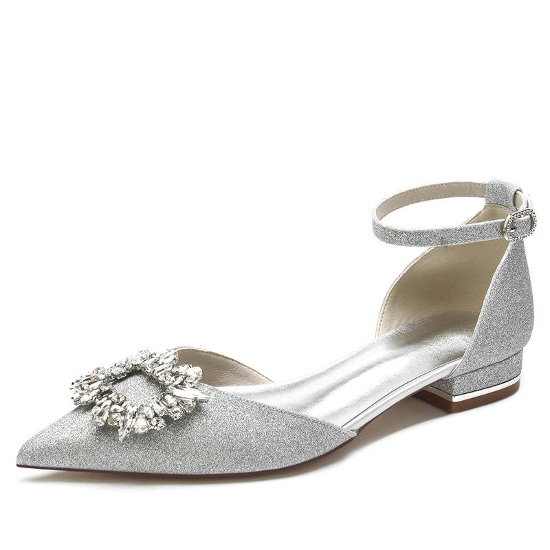 Bridal Shoes for Women with Sparkling Buckle and Square Rhinestone Closed Toe Low Heel