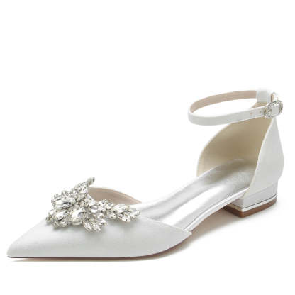 Luxurious Women's Bridal Shoes with Delicate Rhinestone and Buckle Pointed Toe Flat Heel