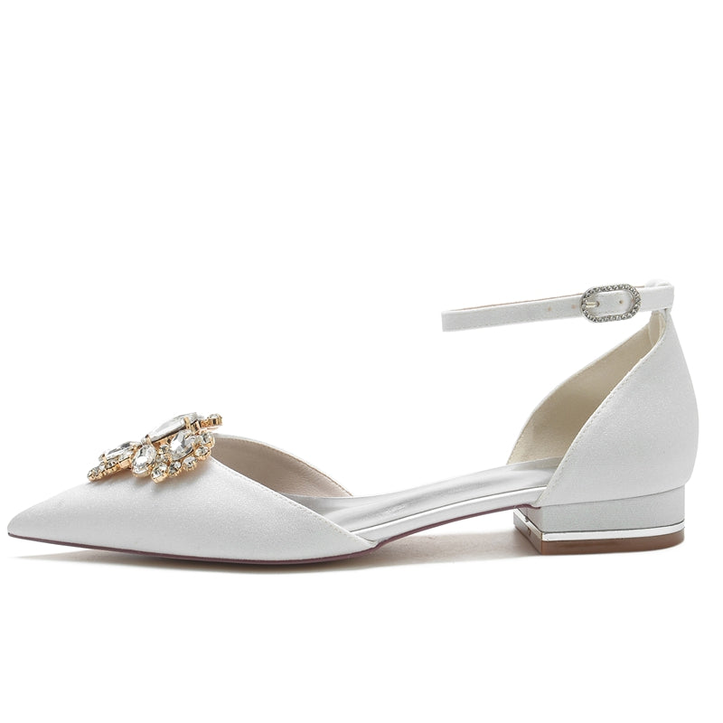 Elegant Bridal Shoes for Women with Rhinestone Buckle and Pointed Toe Flat Heel
