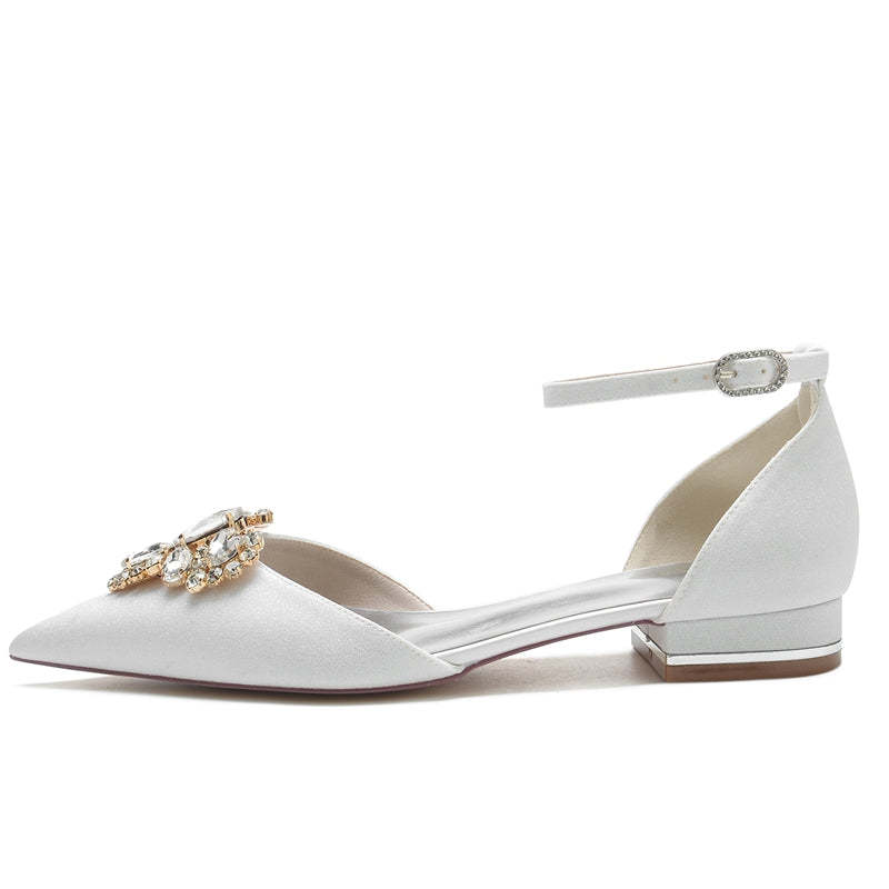 Elegant Bridal Shoes for Women with Rhinestone Buckle and Pointed Toe Flat Heel