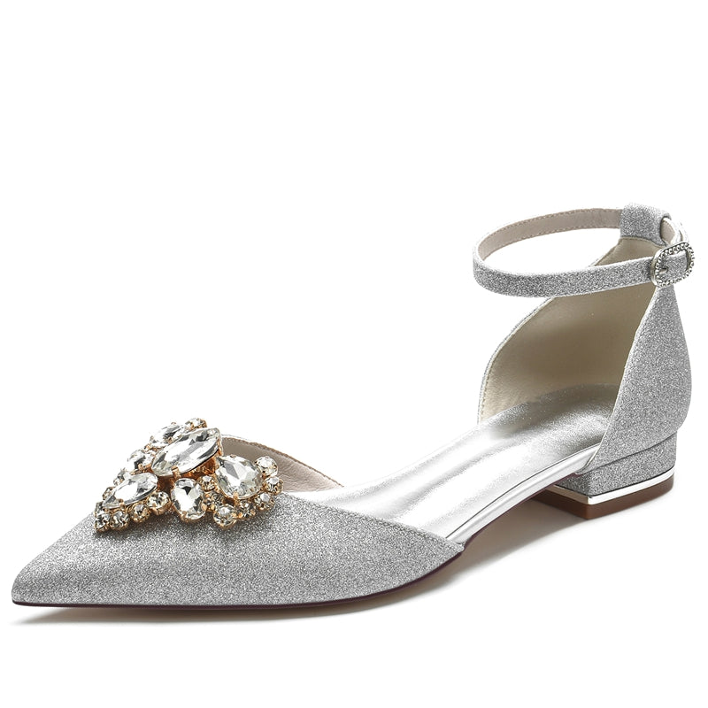 Elegant Bridal Shoes for Women with Rhinestone Buckle and Pointed Toe Flat Heel