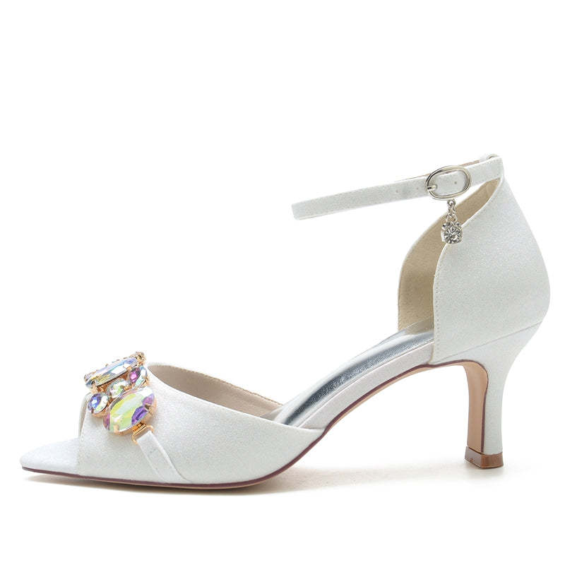Bridal Shoes for Women with Peep Toe Mid Heel and Colorful Rhinestone Buckle