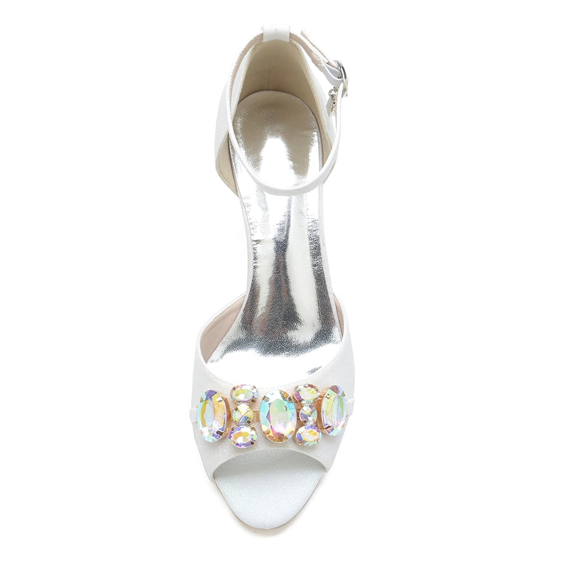 Bridal Shoes for Women with Peep Toe Mid Heel and Colorful Rhinestone Buckle
