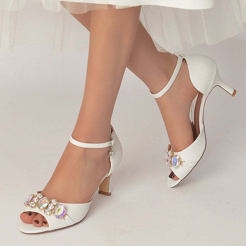 Bridal Shoes for Women with Peep Toe Mid Heel and Colorful Rhinestone Buckle