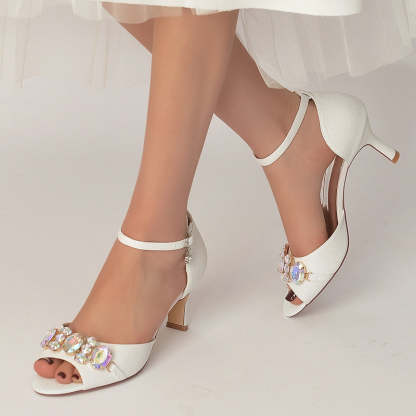 Bridal Shoes for Women with Peep Toe Mid Heel and Colorful Rhinestone Buckle