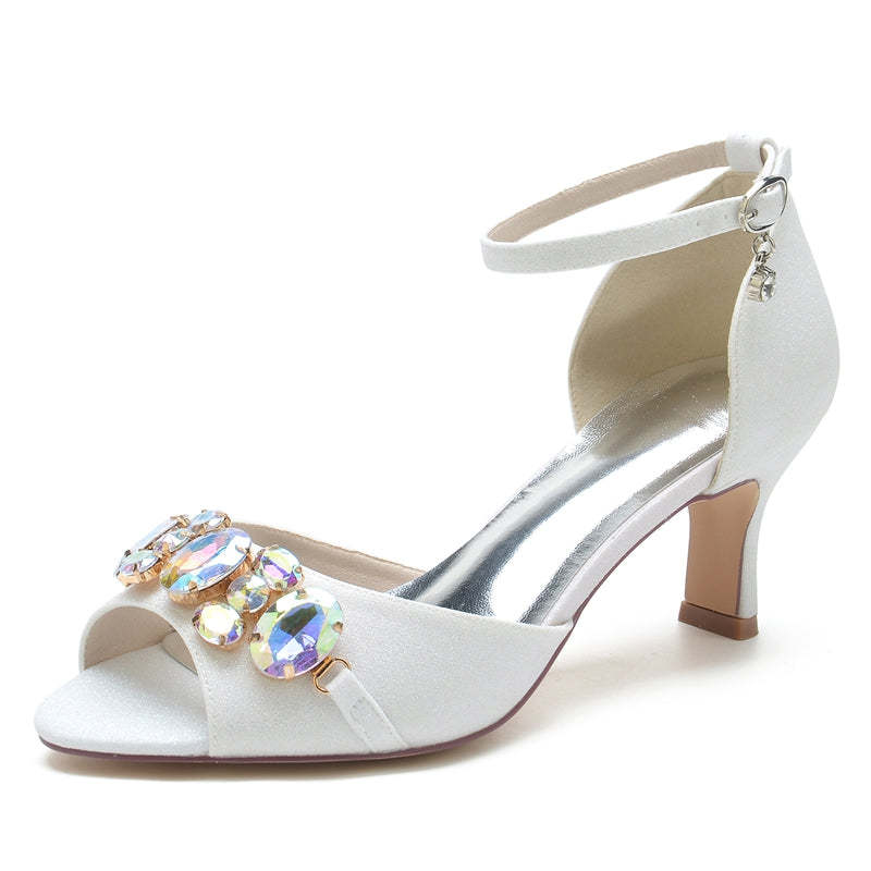 Bridal Shoes for Women with Peep Toe Mid Heel and Colorful Rhinestone Buckle
