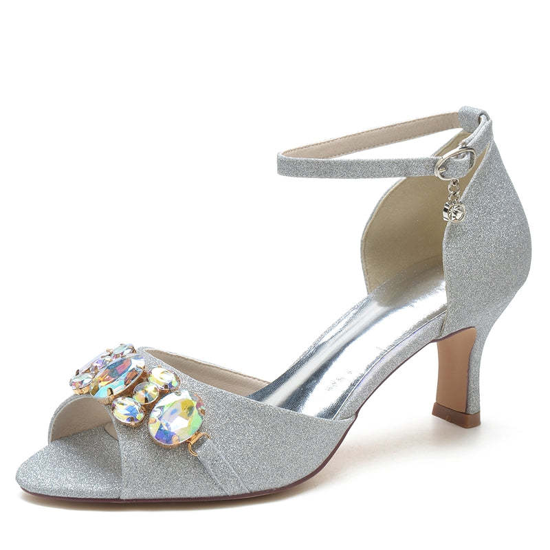 Bridal Shoes for Women with Peep Toe Mid Heel and Colorful Rhinestone Buckle