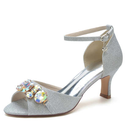 Bridal Shoes for Women with Peep Toe Mid Heel and Colorful Rhinestone Buckle
