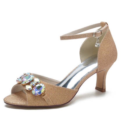 Bridal Shoes for Women with Peep Toe Mid Heel and Colorful Rhinestone Buckle