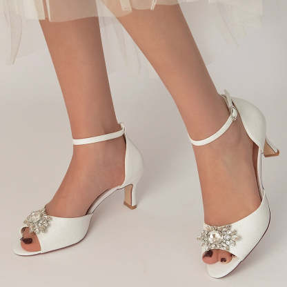 Bridal Shoes for Women with Peep Toe and Mid Heel Featuring Luxurious Rhinestone Buckle