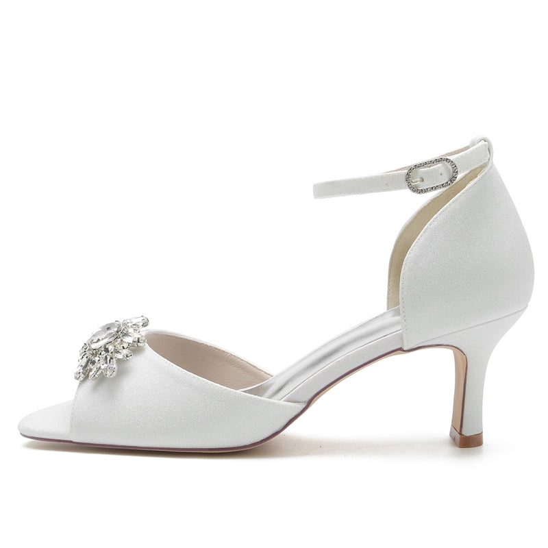 Bridal Shoes for Women with Peep Toe and Mid Heel Featuring Luxurious Rhinestone Buckle