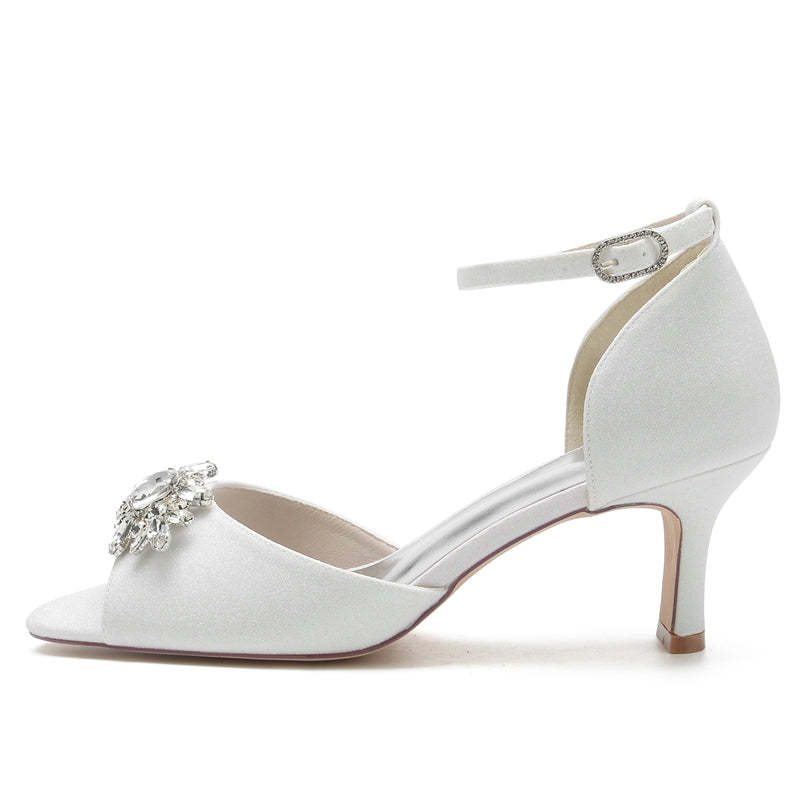 Bridal Shoes for Women with Peep Toe and Mid Heel Featuring Luxurious Rhinestone Buckle