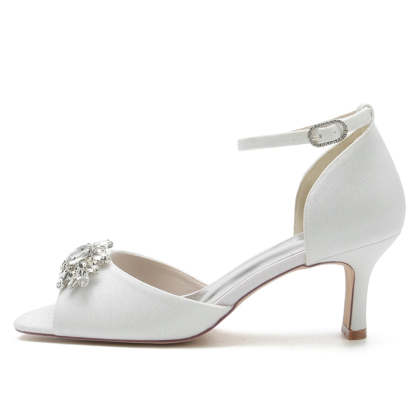 Bridal Shoes for Women with Peep Toe and Mid Heel Featuring Luxurious Rhinestone Buckle