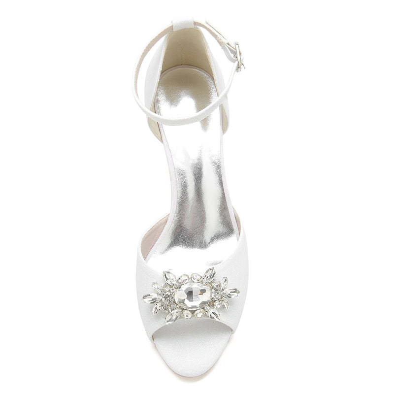 Bridal Shoes for Women with Peep Toe and Mid Heel Featuring Luxurious Rhinestone Buckle