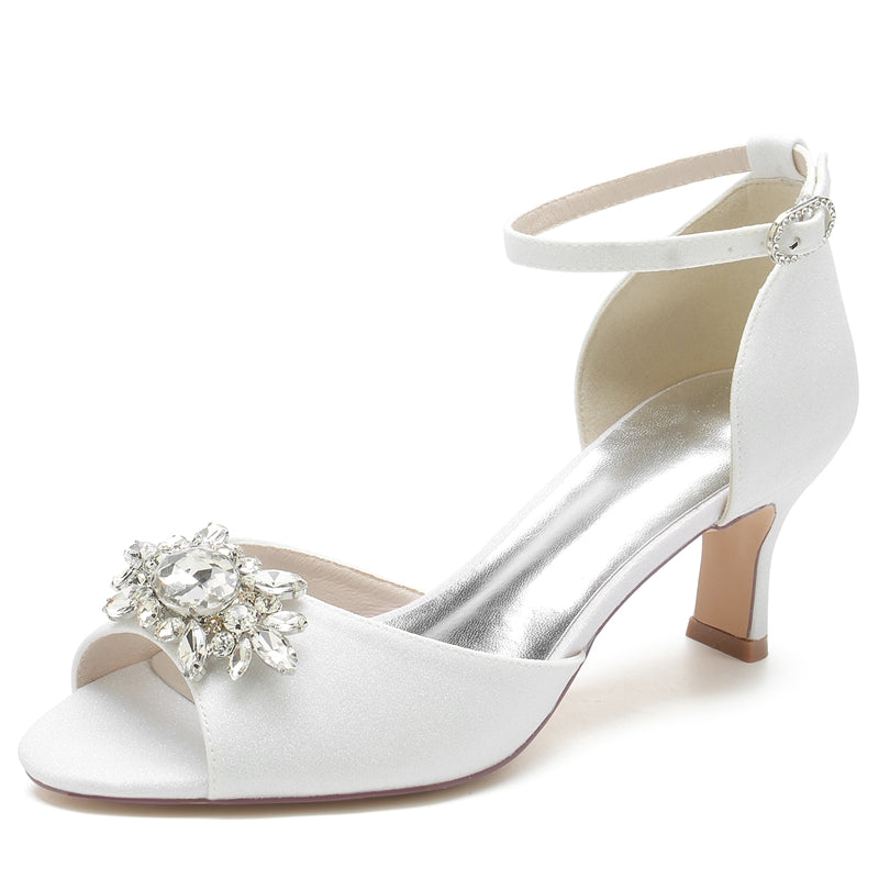 Bridal Shoes for Women with Peep Toe and Mid Heel Featuring Luxurious Rhinestone Buckle