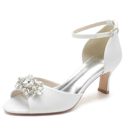 Bridal Shoes for Women with Peep Toe and Mid Heel Featuring Luxurious Rhinestone Buckle