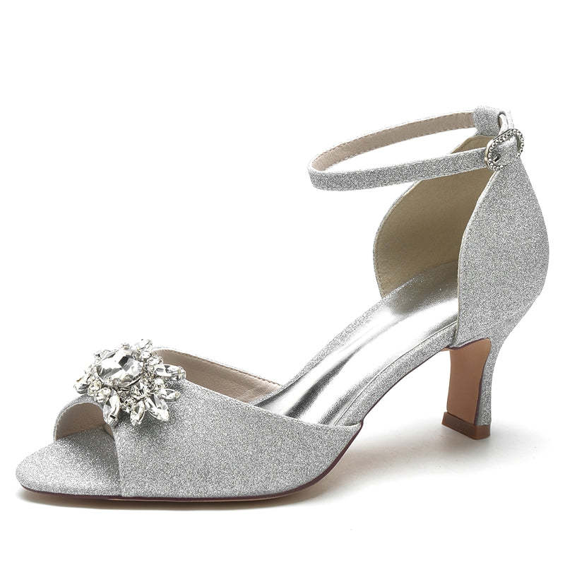 Bridal Shoes for Women with Peep Toe and Mid Heel Featuring Luxurious Rhinestone Buckle