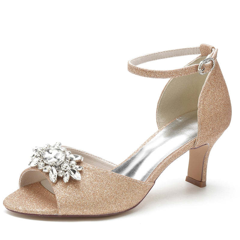 Bridal Shoes for Women with Peep Toe and Mid Heel Featuring Luxurious Rhinestone Buckle