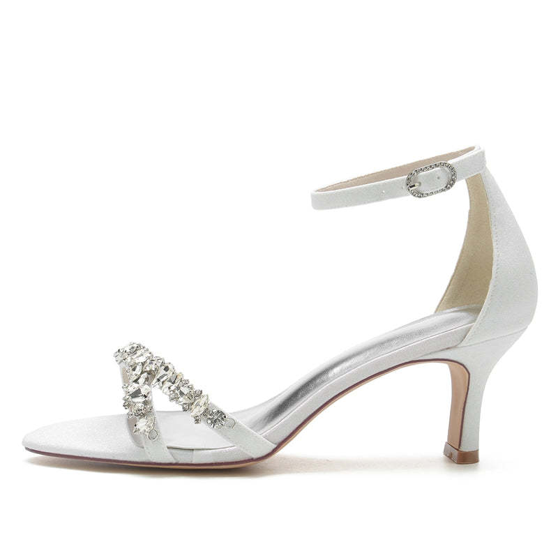 Silver Peep Toe Bridal Shoes for Women with Fashion Buckle and Asymmetrical Rhinestone
